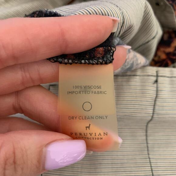 Peruvian Connection Pants  Rust Leaf Print Black Straight Leg Mid Rise Pockets - Picture 12 of 12